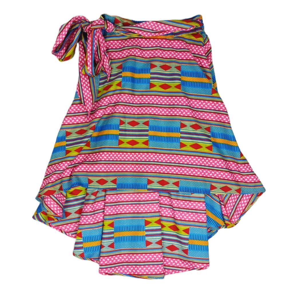 Shenbolen Tie‎ Waist Geometric African Tribal Print Dashiki Hi-Low Skirt, Size S